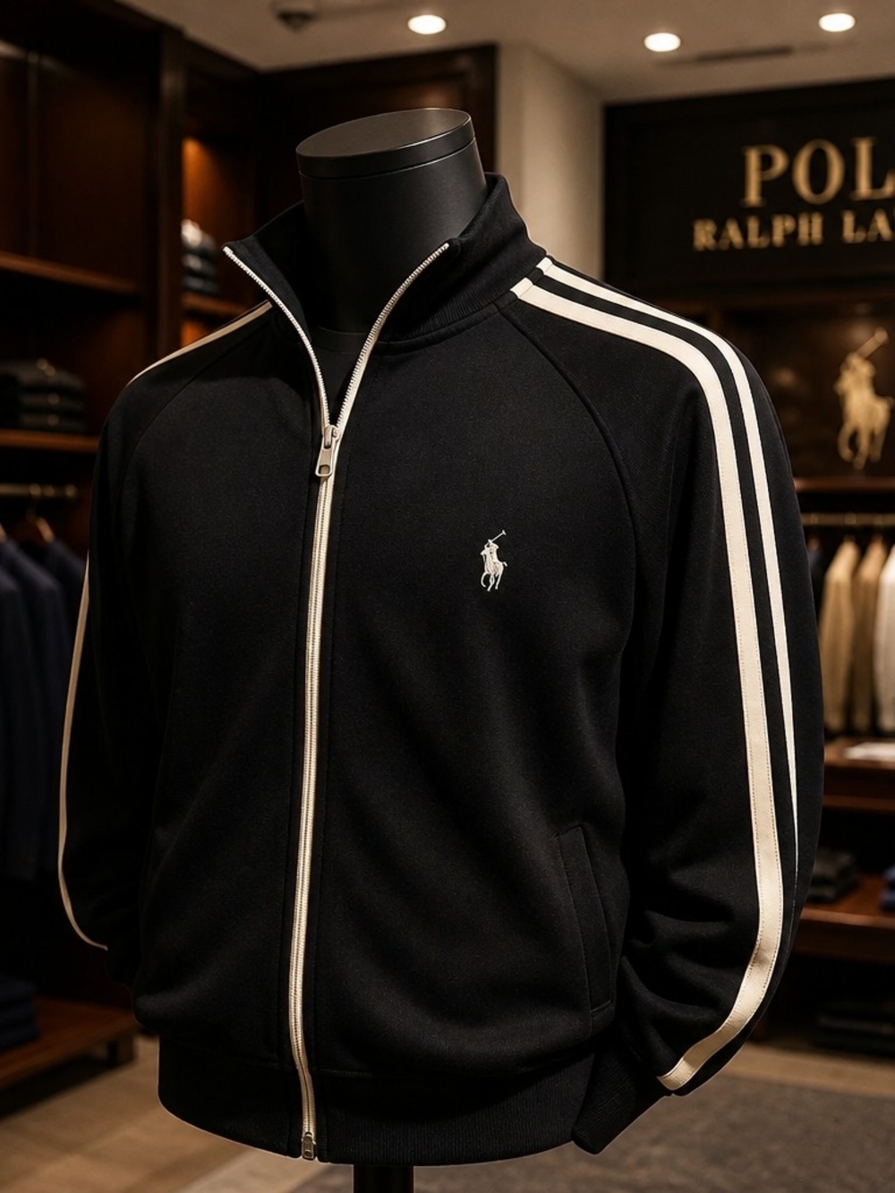 Vintage Polo Sport Ralph Lauren Zip Track Jacket Mens L Black White Stripe Pony